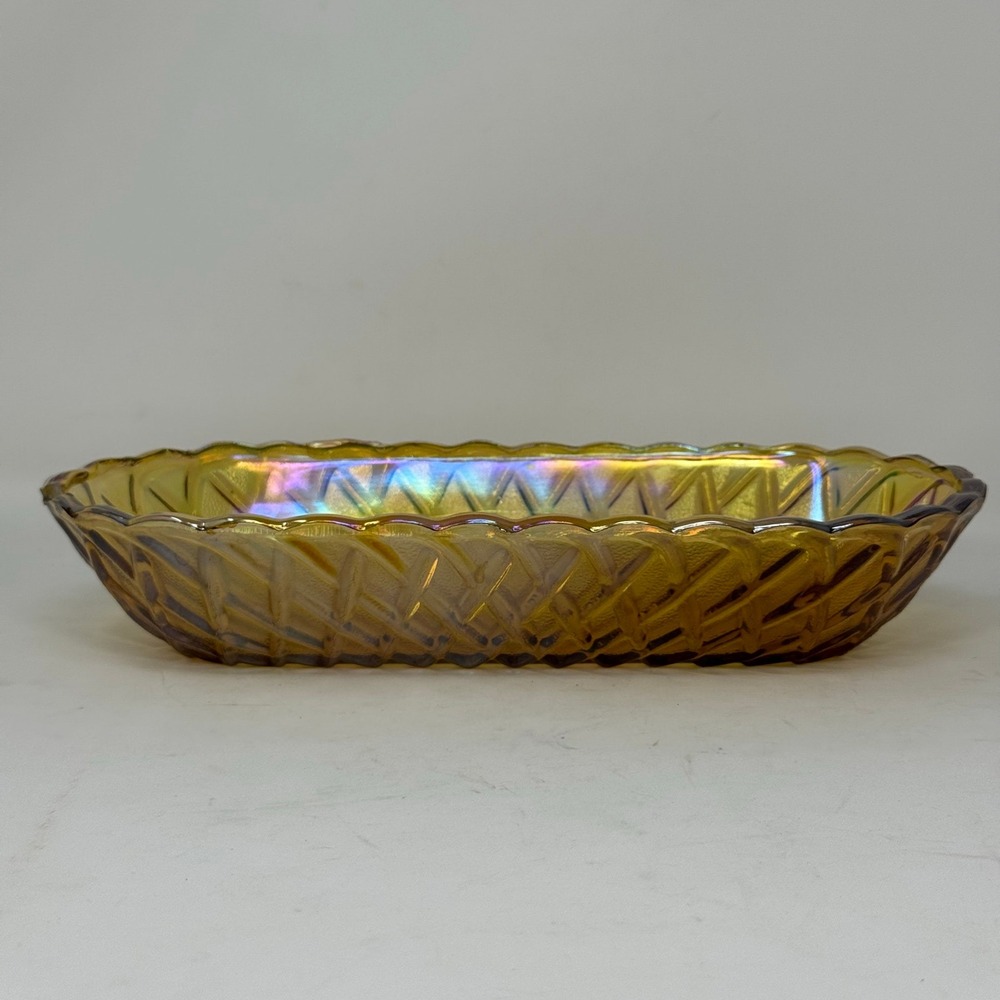 Vintage Amber Iridescent Glass Relish Dish Serving Tray Textured Embossed Retro